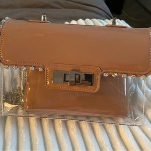 Steve Madden BVYPER Camel Patent handbag crossbody rhinestones lucite